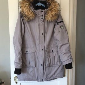 Women's Gray Parka with Faux Fur Trim